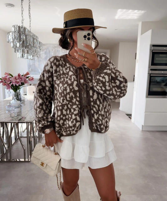 New Round Neck Lace-up Knitted Cardigan Jacket Retro Leopard Street Top Sweater for Women