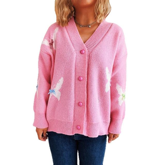 Autumn Winter New Style Spliced ​​Bow Casual Fashion Knitted Tops Chic Sweet Women's Cardigans