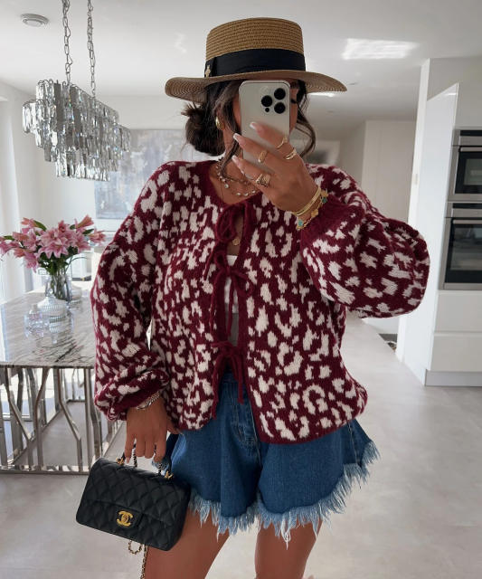 New Round Neck Lace-up Knitted Cardigan Jacket Retro Leopard Street Top Sweater for Women