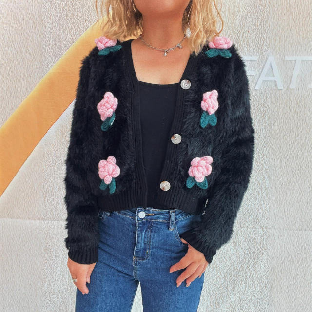 New Splicing Stereo Flower Knitted Sweater Fashionable Short Sweet Women's Cardigan