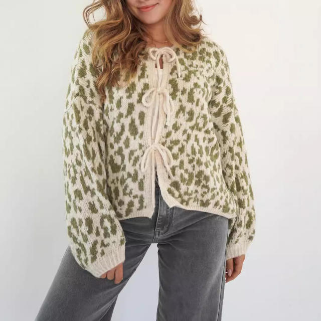 New Round Neck Lace-up Knitted Cardigan Jacket Retro Leopard Street Top Sweater for Women