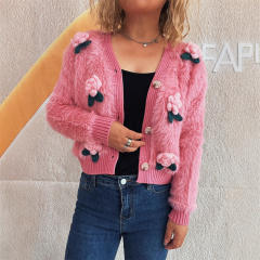 New Splicing Stereo Flower Knitted Sweater Fashionable Short Sweet Women's Cardigan