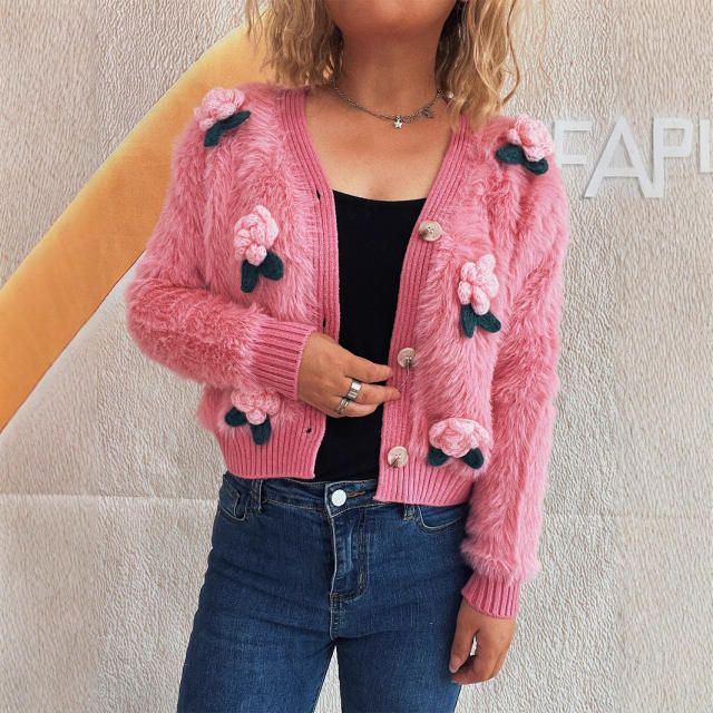 New Splicing Stereo Flower Knitted Sweater Fashionable Short Sweet Women's Cardigan