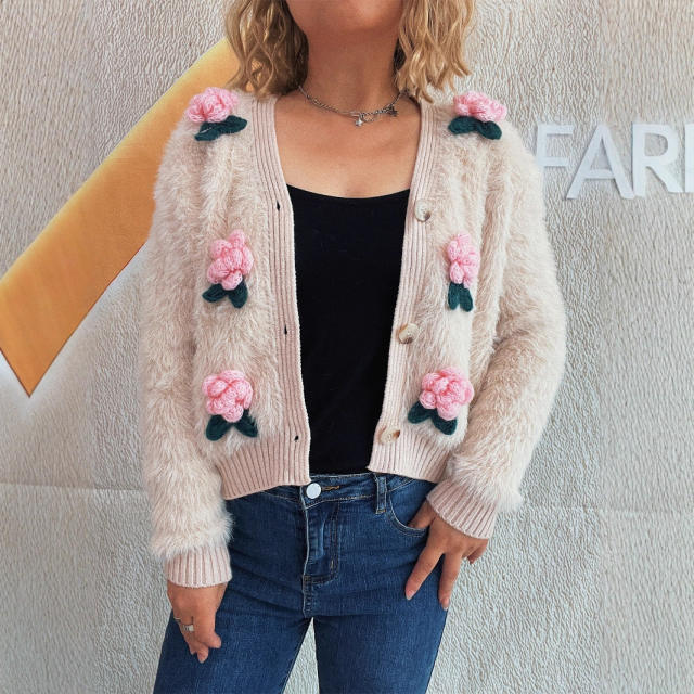 New Splicing Stereo Flower Knitted Sweater Fashionable Short Sweet Women's Cardigan