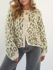 New Round Neck Lace-up Knitted Cardigan Jacket Retro Leopard Street Top Sweater for Women