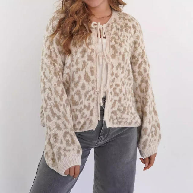New Round Neck Lace-up Knitted Cardigan Jacket Retro Leopard Street Top Sweater for Women