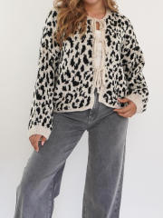 New Round Neck Lace-up Knitted Cardigan Jacket Retro Leopard Street Top Sweater for Women
