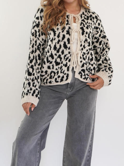 New Round Neck Lace-up Knitted Cardigan Jacket Retro Leopard Street Top Sweater for Women
