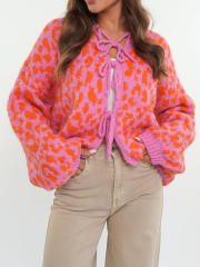 New Round Neck Lace-up Knitted Cardigan Jacket Retro Leopard Street Top Sweater for Women