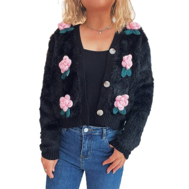 New Splicing Stereo Flower Knitted Sweater Fashionable Short Sweet Women's Cardigan
