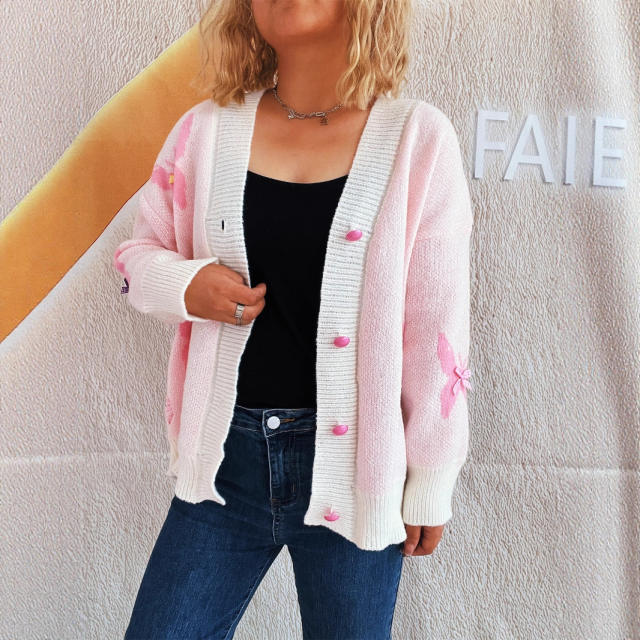 Autumn Winter New Style Spliced ​​Bow Casual Fashion Knitted Tops Chic Sweet Women's Cardigans
