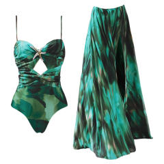 New Green Ink Print Hollow Out Swimsuit Split Umbrella Skirt Holiday suit