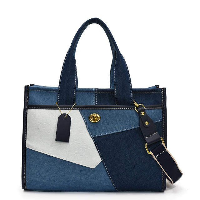 Foreign Trade Denim Bag Women's New Fashion Color-blocking Crossbody Bag Tote Bag