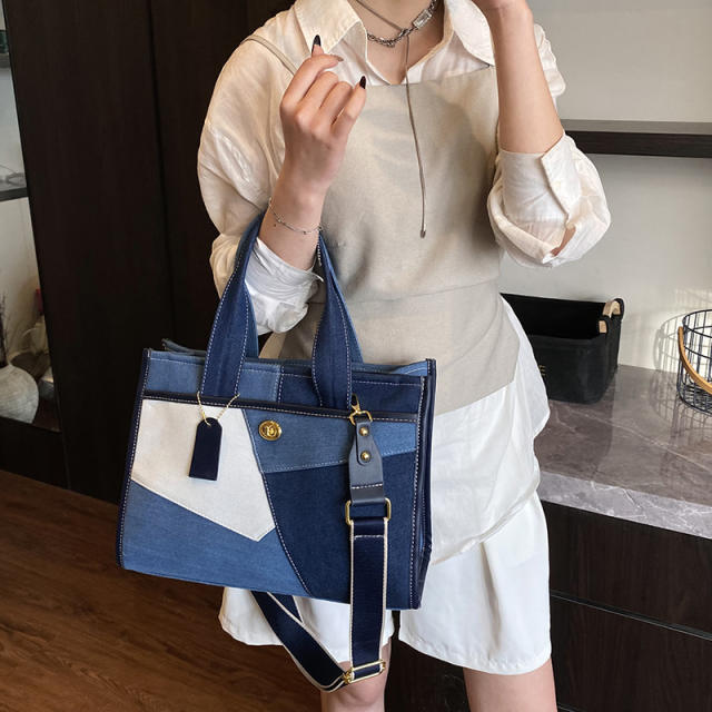Foreign Trade Denim Bag Women's New Fashion Color-blocking Crossbody Bag Tote Bag