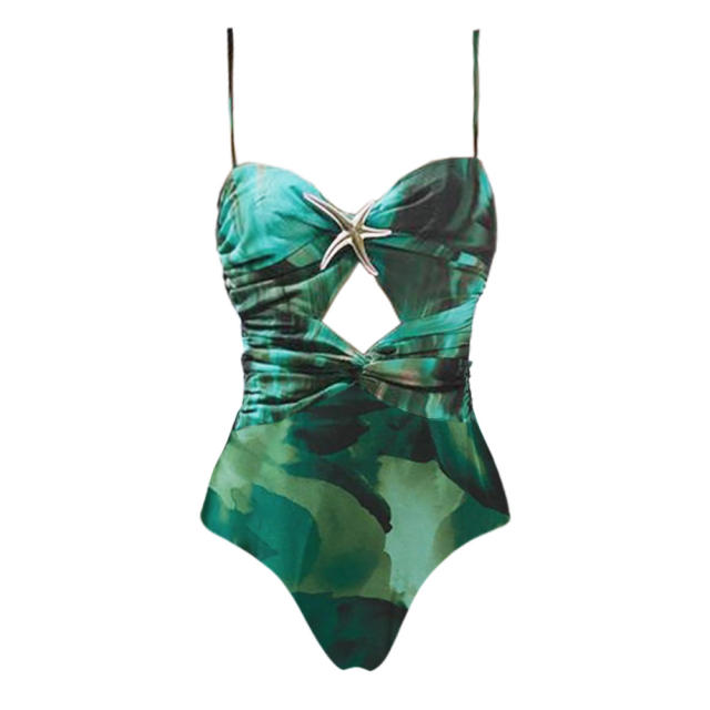 New Green Ink Print Hollow Out Swimsuit Split Umbrella Skirt Holiday suit