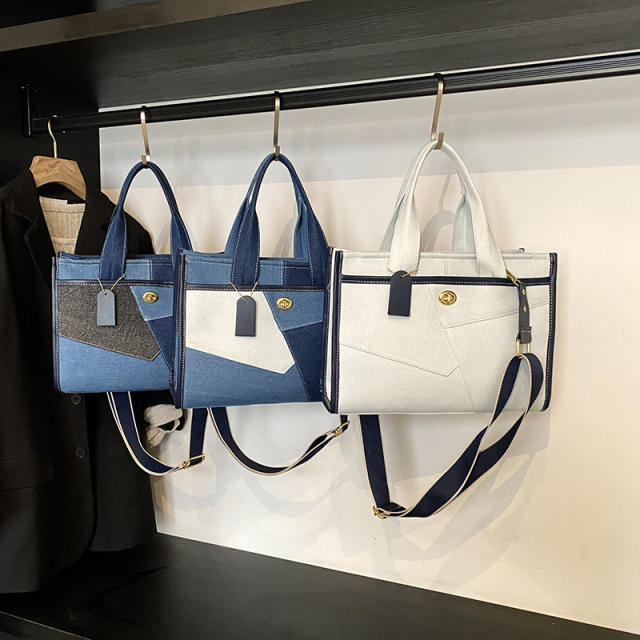 Foreign Trade Denim Bag Women's New Fashion Color-blocking Crossbody Bag Tote Bag