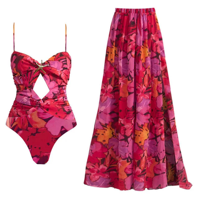 New Green Ink Print Hollow Out Swimsuit Split Umbrella Skirt Holiday suit