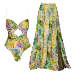 New Green Ink Print Hollow Out Swimsuit Split Umbrella Skirt Holiday suit