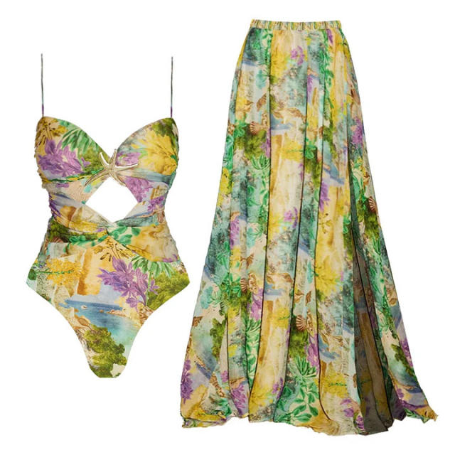 New Green Ink Print Hollow Out Swimsuit Split Umbrella Skirt Holiday suit