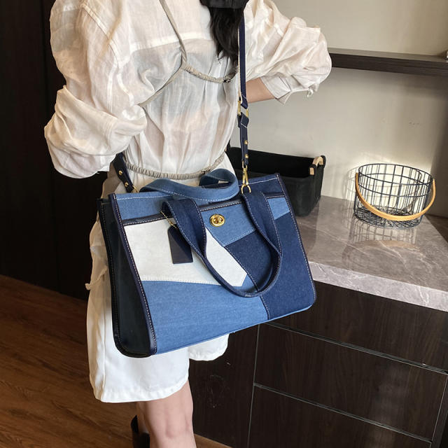 Foreign Trade Denim Bag Women's New Fashion Color-blocking Crossbody Bag Tote Bag