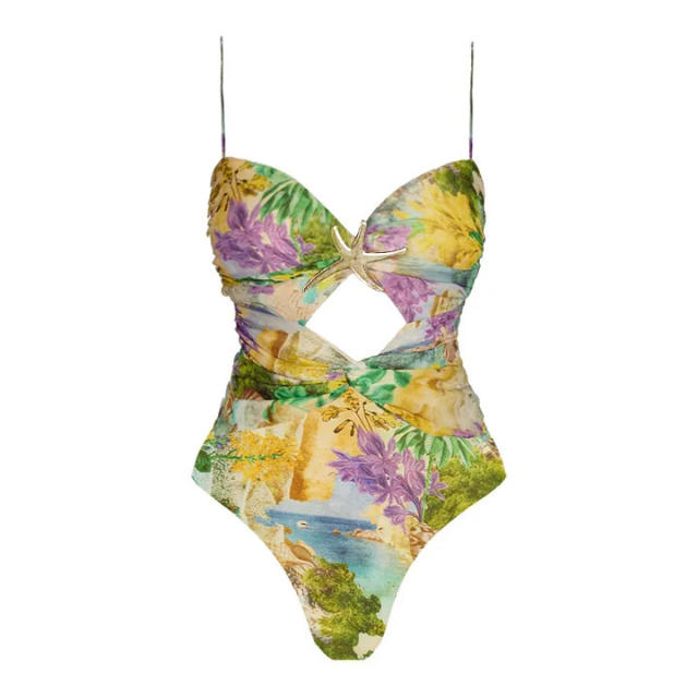New Green Ink Print Hollow Out Swimsuit Split Umbrella Skirt Holiday suit