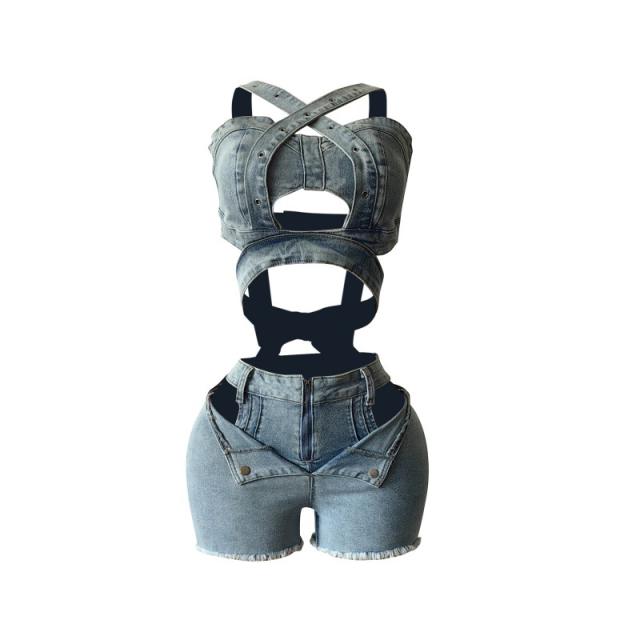 New Denim Vest Shorts suit Strapless Strap Elastic Shorts suit