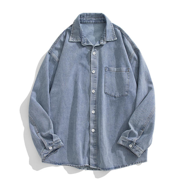 Japanese Style Men's Denim Long-Sleeved Shirt Men's Loose Basic Versatile Casual Washed Shirt Jacket