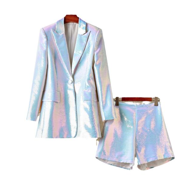 Spring Autumn Sequined Mid-Length Tops Blazer Shorts Colorful Sequined Pants suit