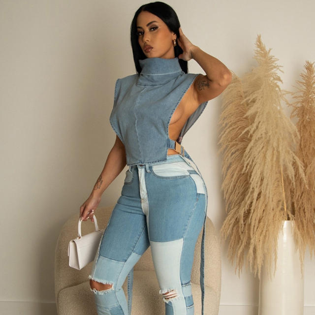Women's New Denim Washed Pile Collar Sleeveless Workwear Short Vest for Women
