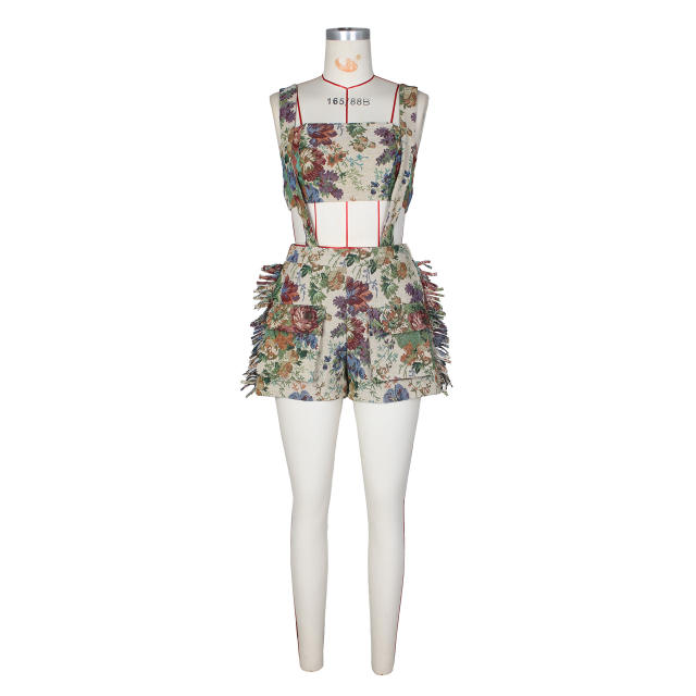 women's new street retro flower French court tube top tassel strap shorts suit