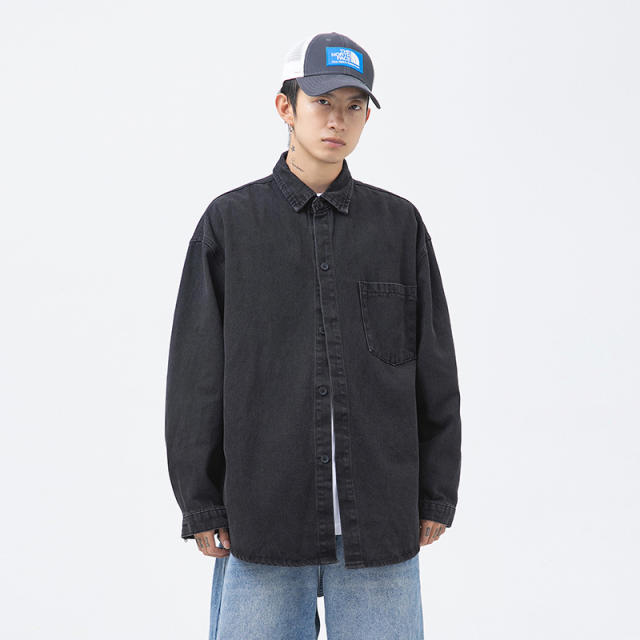Japanese Style Men's Denim Long-Sleeved Shirt Men's Loose Basic Versatile Casual Washed Shirt Jacket