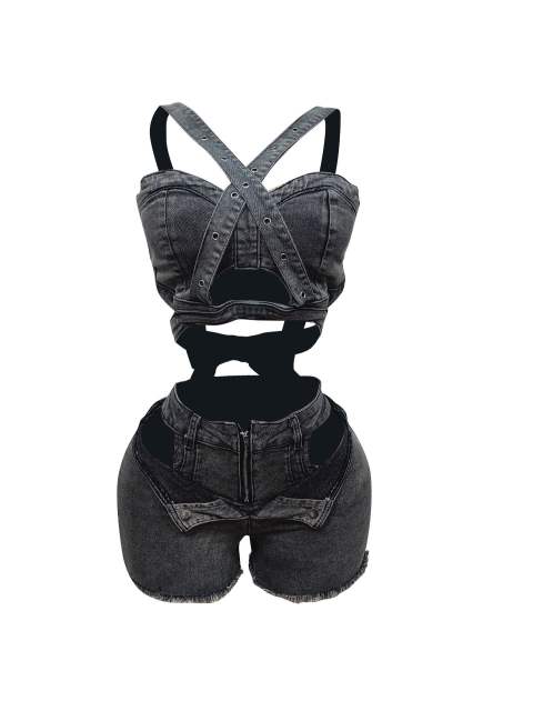 New Denim Vest Shorts suit Strapless Strap Elastic Shorts suit