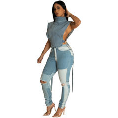 Women's New Denim Washed Pile Collar Sleeveless Workwear Short Vest for Women