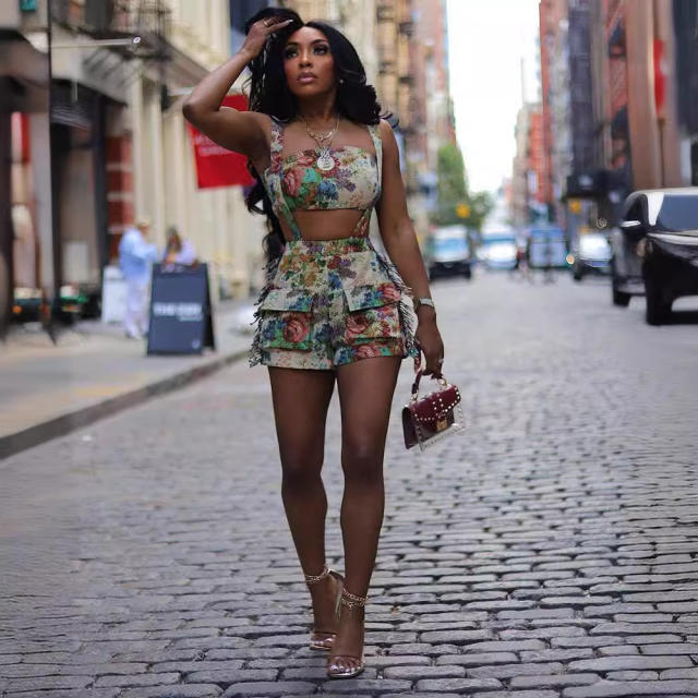 women's new street retro flower French court tube top tassel strap shorts suit