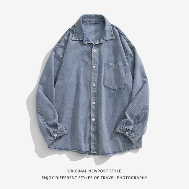 Japanese Style Men's Denim Long-Sleeved Shirt Men's Loose Basic Versatile Casual Washed Shirt Jacket