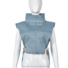 Women's New Denim Washed Pile Collar Sleeveless Workwear Short Vest for Women