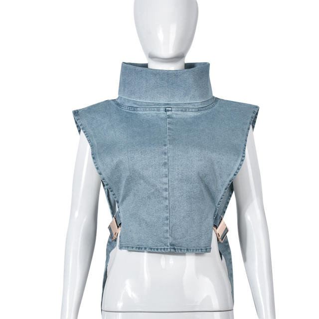 Women's New Denim Washed Pile Collar Sleeveless Workwear Short Vest for Women