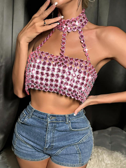 women's vest sexy personalized gem hand-stitched catwalk halter vest