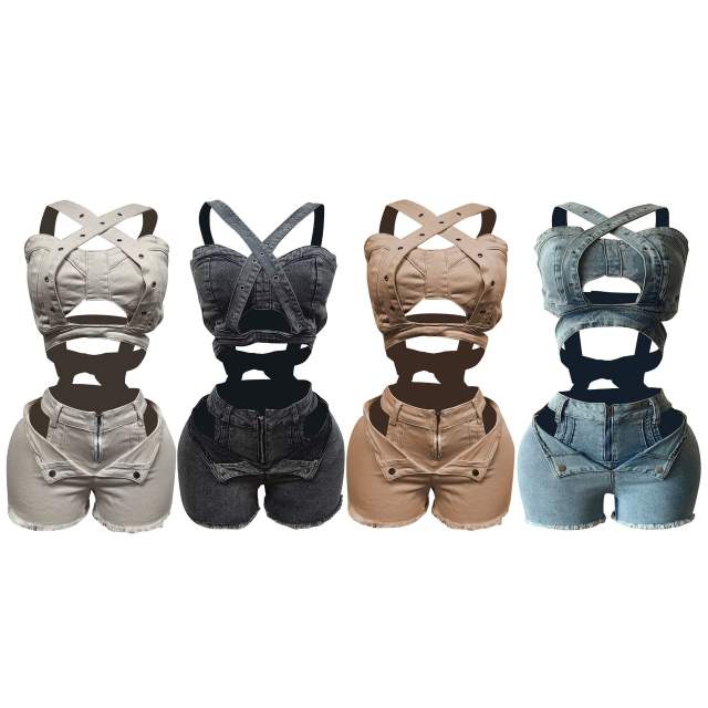 New Denim Vest Shorts suit Strapless Strap Elastic Shorts suit