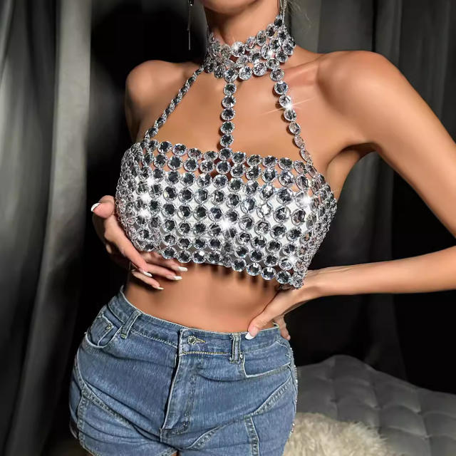 women's vest sexy personalized gem hand-stitched catwalk halter vest