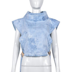 Women's New Denim Washed Pile Collar Sleeveless Workwear Short Vest for Women