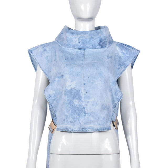 Women's New Denim Washed Pile Collar Sleeveless Workwear Short Vest for Women
