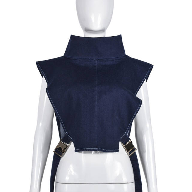 Women's New Denim Washed Pile Collar Sleeveless Workwear Short Vest for Women