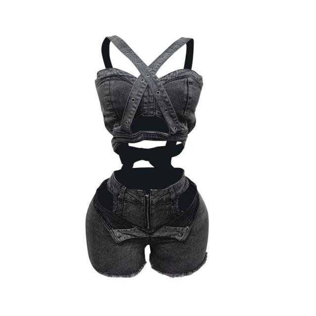 New Denim Vest Shorts suit Strapless Strap Elastic Shorts suit