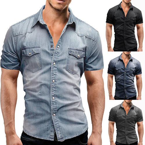 2025 Summer New Casual Pure Color Men's Denim Short-Sleeved Shirt