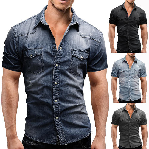 2025 Summer New Casual Pure Color Men's Denim Short-Sleeved Shirt