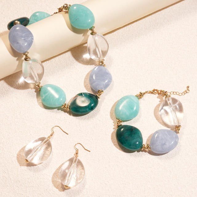 Acrylic Beaded Asymmetrical Oval Chain necklace bracelet earrings suit