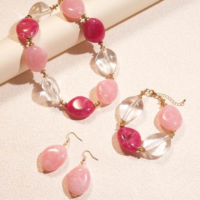 Acrylic Asymmetrical Oval Beaded Necklace bracelet earrings suit