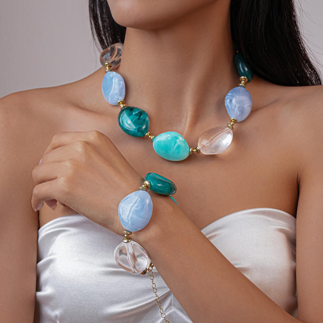 Acrylic Beaded Asymmetrical Oval Chain necklace bracelet earrings suit
