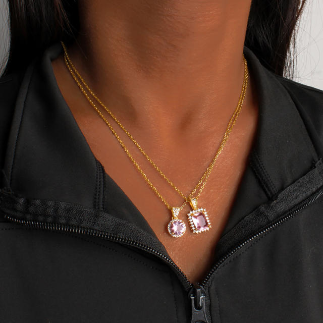 French-Style Romantic Pink Zircon Pendant stainless steel chain Necklace